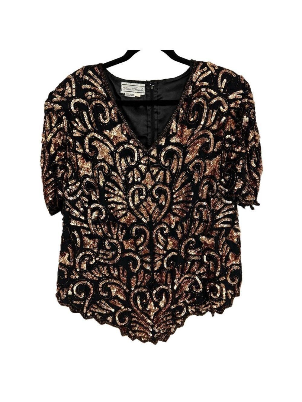 Adrianna Papell Black Gold Sequin Blouse Top Women’s XL Vintage 80s